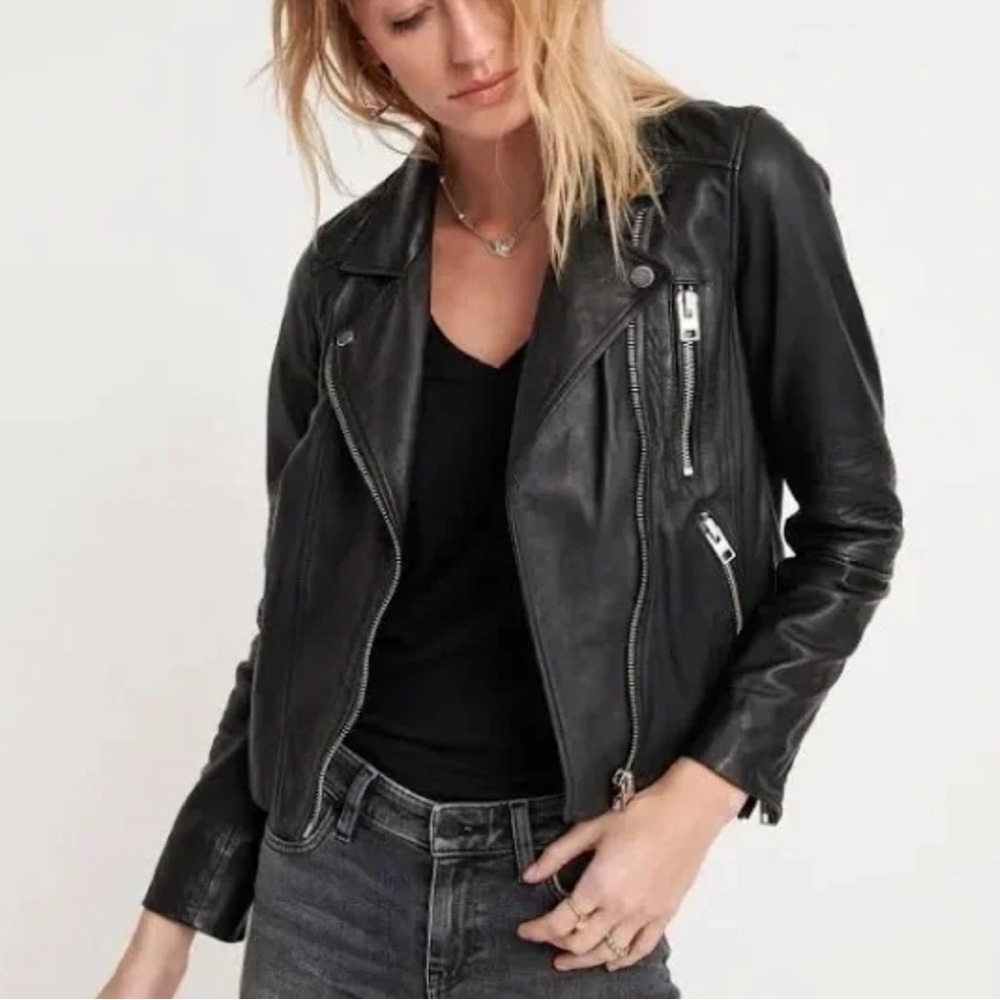 Lucky Brand 100% Lamb Leather Moto Jacket Black Zip Up Classic Womens Size S